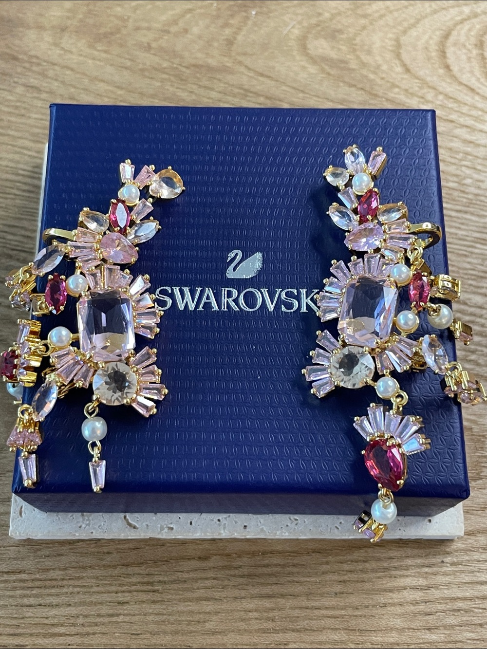 Swarovski Gold-Tone Pink and Fuchsia Crystal Drop Earrings with Pearls